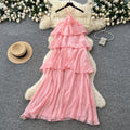 Vacation-style sleeveless romantic yellow cake dress - women's summer ruffle trim slimming fairy dress
