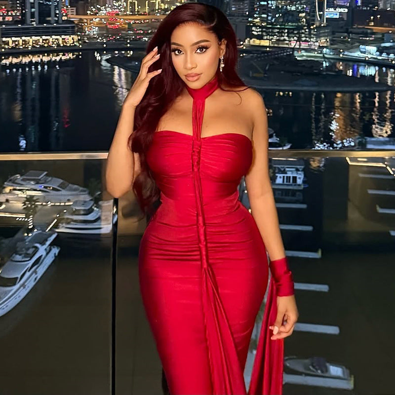 European and american style solid color elegant women's backless tie-up bandeau bodycon dress with ruched off-the-shoulder neckline - perfect for banquets and formal events