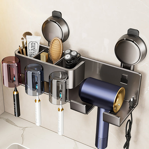Hair dryer rack, hair dryer rack with toothbrush holder, non-punching suction cup, wall-mounted storage rack, aluminum