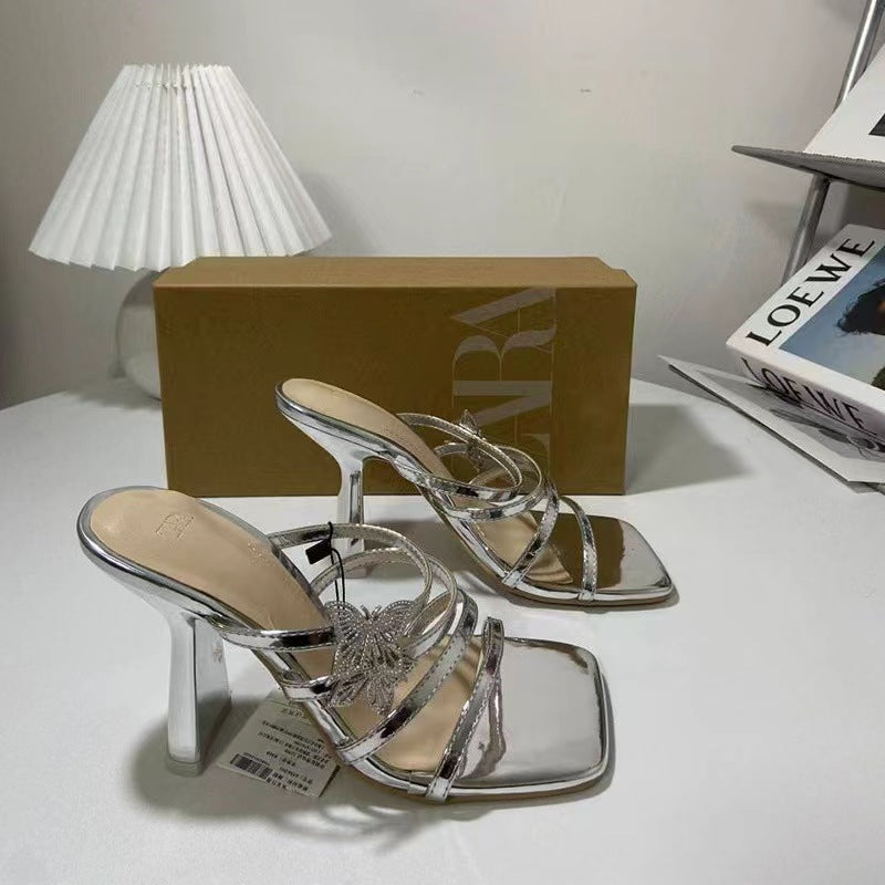 2024za new summer women's high heels - single strap, low-cut, square toe, metal butterfly buckle detail, silver open back sandals