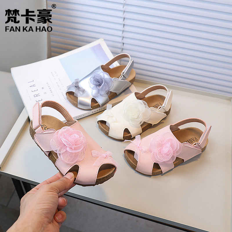 Vancahao niche style design fish mouth birkenstock shoes  summernew arrivalgirl small flower cork sandals beach shoes
