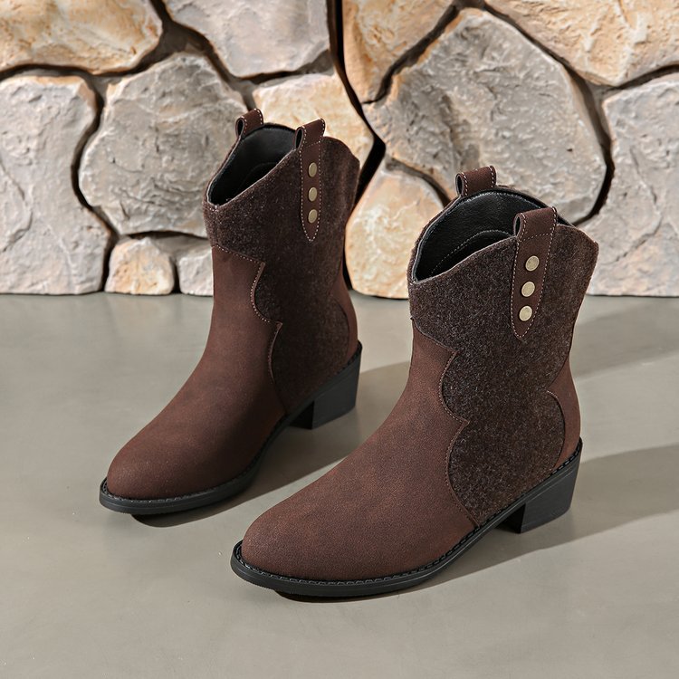 new arrival cow suede boots fashion style pointed toe patchwork sleeve thick heel medium heel plus size short boots casual women's boots