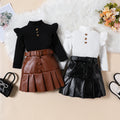 fashion girls' solid color high neck long sleeve top + pu leather pleated skirt + belt three-piece set