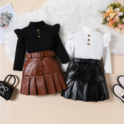 fashion girls' solid color high neck long sleeve top + pu leather pleated skirt + belt three-piece set
