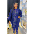 e-commerce  african women's plus size beaded and rhinestone irregular top + pants two-piece set