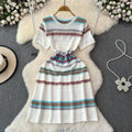 Small fresh stripesdress female summer french style retrosense of design age reduction sweet ethnic style knitting skirt