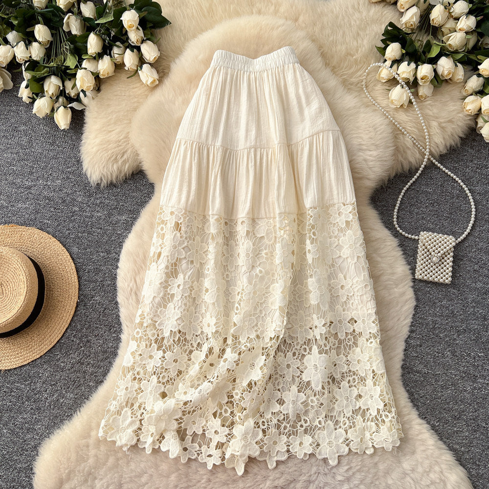 spring new arrivallacepatchwork a-line skirt women's cut outhigh waist cake skirt easiest for match mid-length skirt