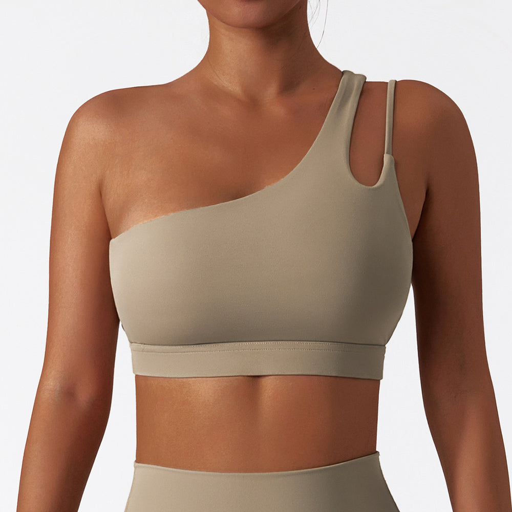 Asymmetrical shoulder shockproof yoga bra cloud feel backless sports bra irregular strap running fitness vest 6425