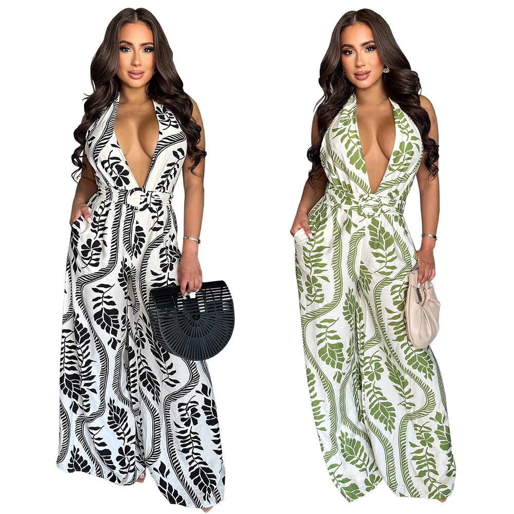 C7310 cross-border   fashion women's casual sexy deep v-neck backless printed jumpsuit