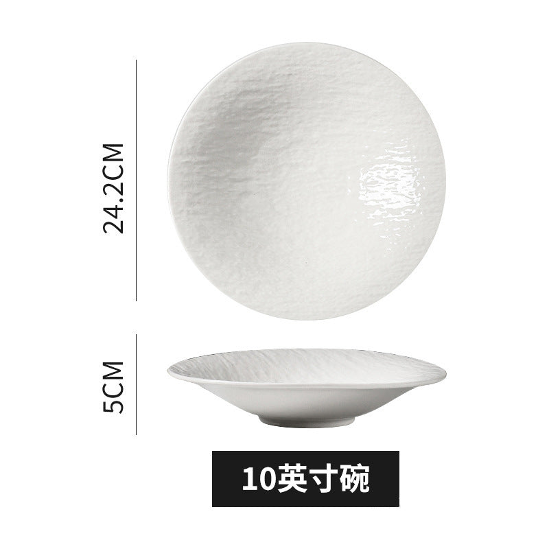 European-style embossed pure white tableware ceramic folded edge bowl large capacity ceramic salad fruit table stylish creative noodle bowl