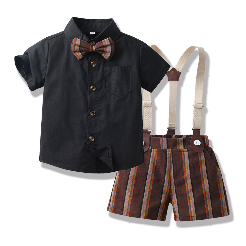 New in stock: summer boys' british style outfit - short sleeve shirt & striped overalls gentleman's first birthday suit