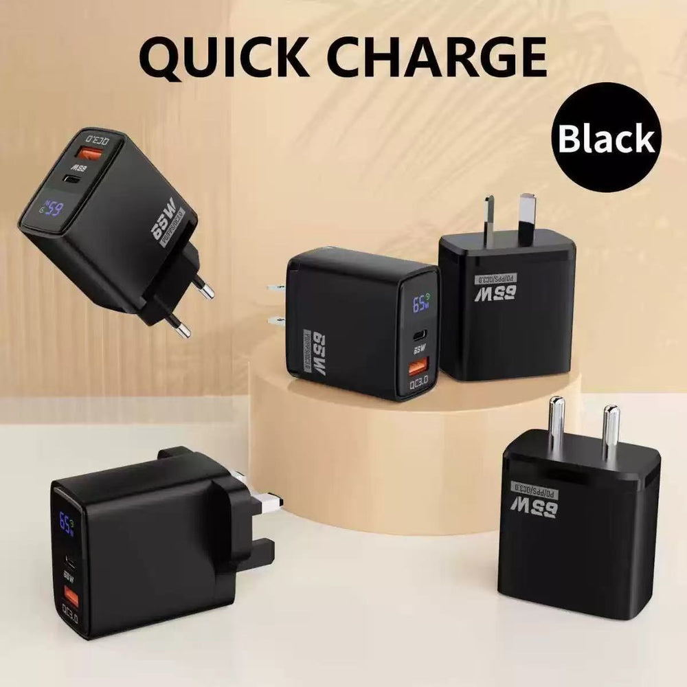 65w digital display charger, a+c multi-port fast charging adapter, eu/us/india plug, gallium nitride (gan) charger