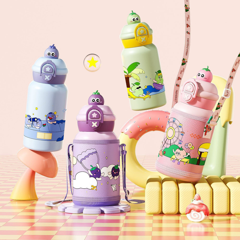 Double-drink kids' thermos with straw, 316 stainless steel, cartoon portable bounce lid, creative figurine student water bottle