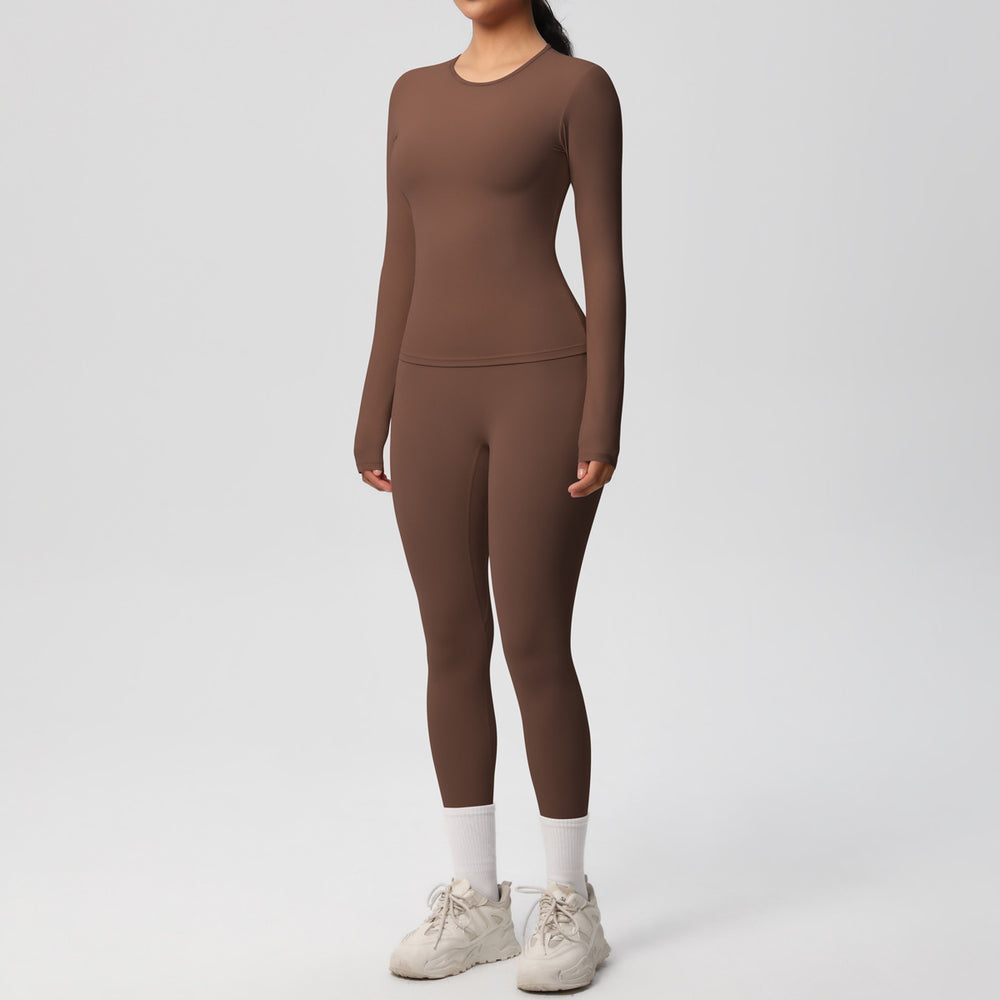 Ready-to-ship cross-border double-sided brushed solid color compression training long sleeve yoga set - activewear running fitness two-piece outfit