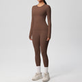 Ready-to-ship cross-border double-sided brushed solid color compression training long sleeve yoga set - activewear running fitness two-piece outfit
