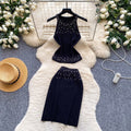 Export cross-border hot diamond halterneck vest hip-covering short skirt knittingtwo-piece set female summer silmsexyelegantsuit