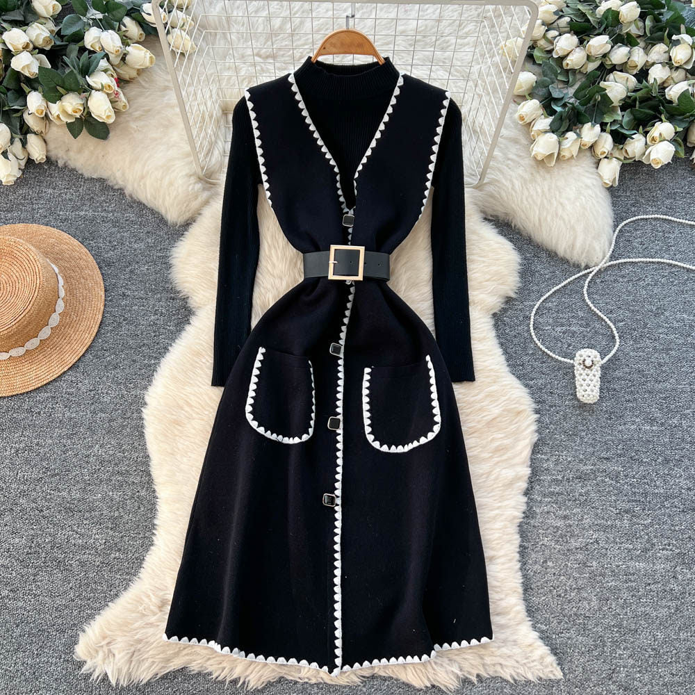 Xiaoxiangfengv neckknitting shirt vest dressfemaleautum waist slimming lookeleganttwo-piece setsuit skirt