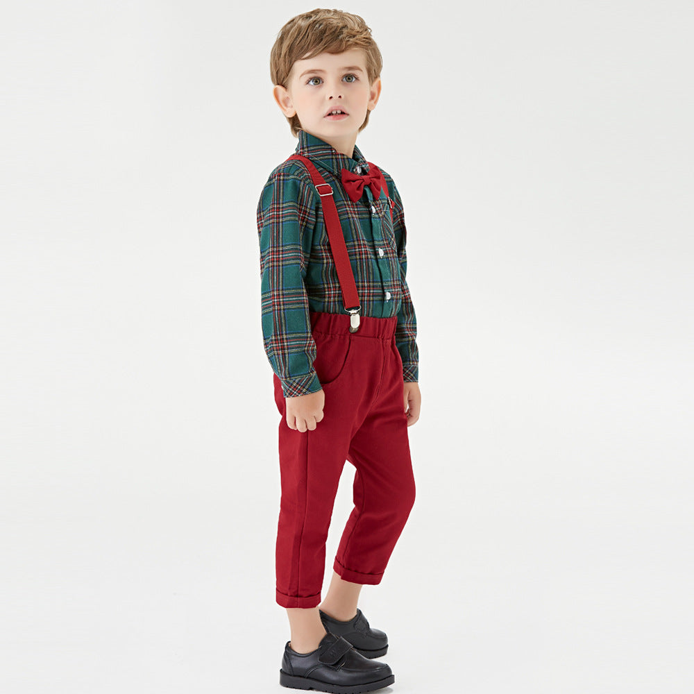 New boys' suit set: autumn cotton long-sleeve plaid shirt, christmas gentleman outfit, children's first birthday dress