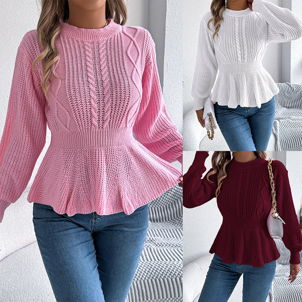 Real autumn and winter European and American solid-color twist waist ruffle edge long-sleeved pullover sweater, independent station  women's clothing