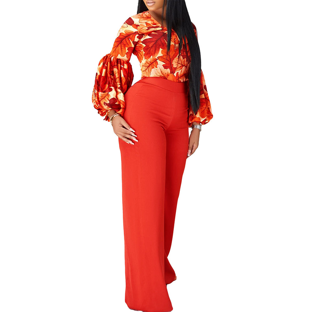 D386  plus size women's new fashion printed tie-up top and wide-leg pants two-piece set - european and american style