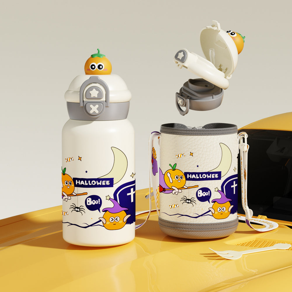 Double-drink kids' thermos with straw, 316 stainless steel, cartoon portable bounce lid, creative figurine student water bottle