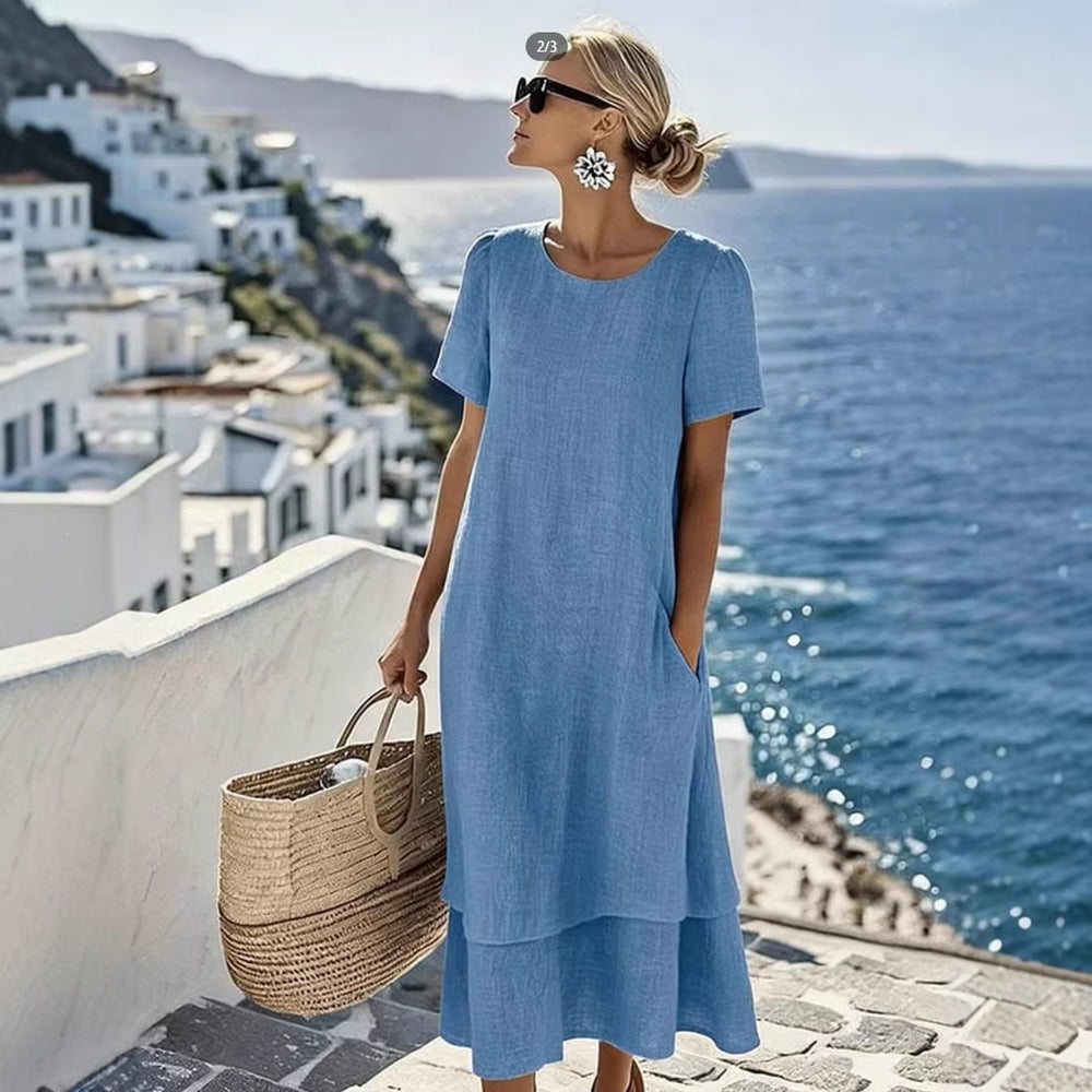 european and american cross-border  women's spring/summer vacation casual double-layer design round neck short sleeve dress