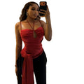 European and american style ins cross-border fashion pure color women's clothing pleated thin strap halter t-shirt sleeveless summer backless wrap top