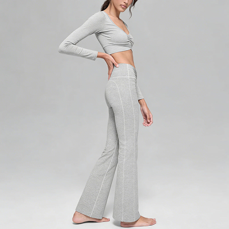 New arrival cationic high elastic yoga suit shirred drapedloose loose wide leg pants sports long sleevestops women