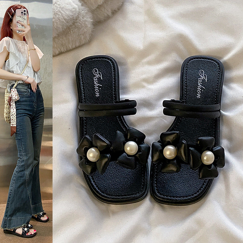 Pearl double flower hot style outwear sandals women's summer new fairy popular easiest for match soft bottom fashion slippers women