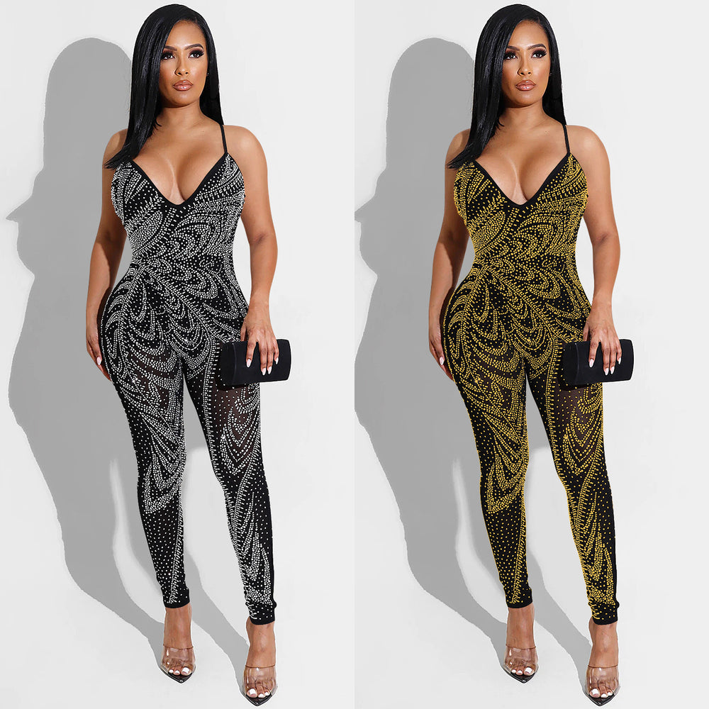 X5280 cross-border summer new arrivals: european and american style sexy nightclub mesh see-through milk silk camisole jumpsuit