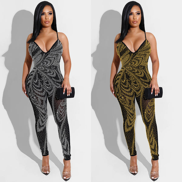 X5280  summer new products European and American women's clothing sexy nightclub mesh see-through milk silk suspender trousers jumpsuit