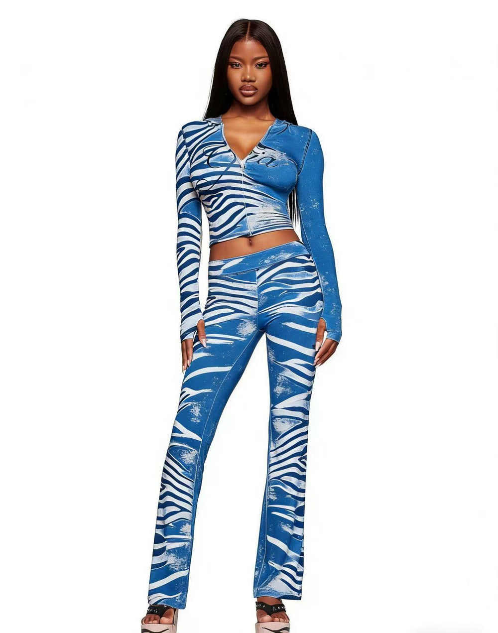 European and american animal print digital print hooded color block stretch outerwear top and pants set - influencer style