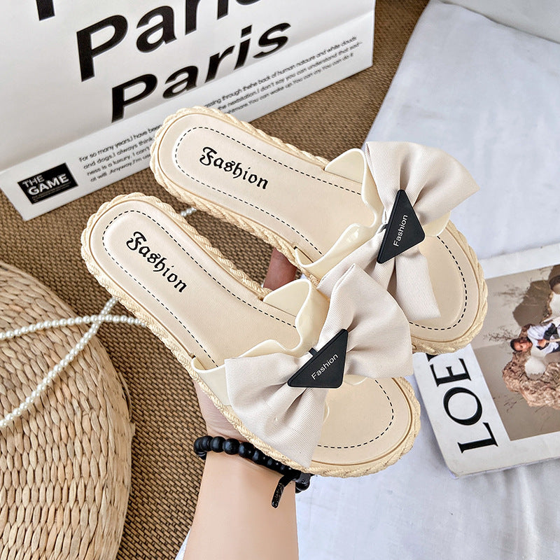 Women's summer slippers - new fashion flat slides with soft sole, soft upper, bow detail, indoor/outdoor non-slip sandals