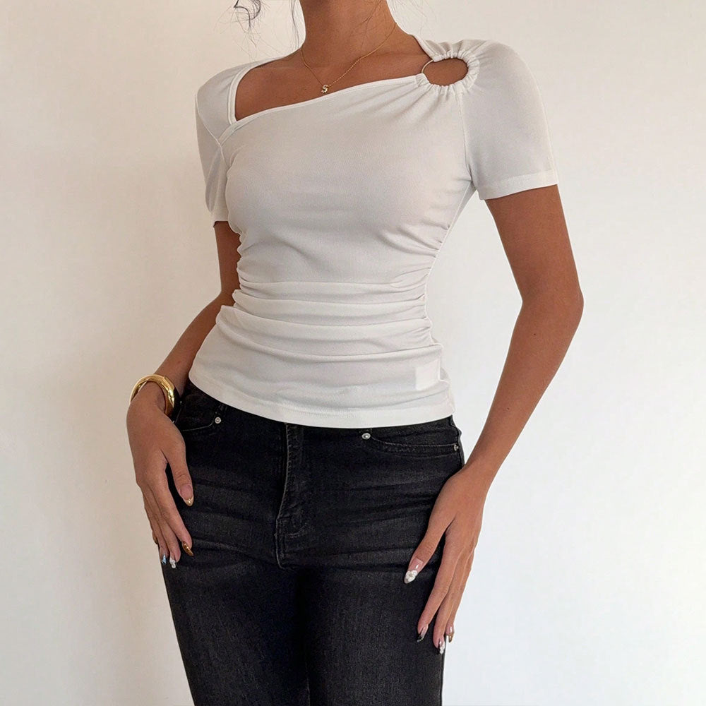 High-end, cool girl style t-shirt -  summer collection - tk  export women's slim-fit, waist-cinching, solid color short sleeve top