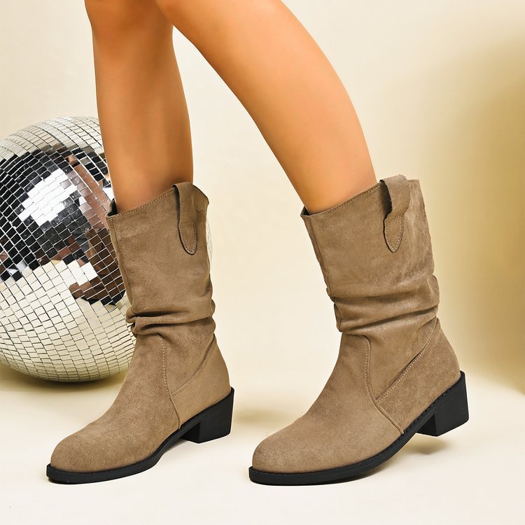 Fashion cross-border wholesale thick heel tassel boots women's fall and winter style retro short boots pleated pile boots medium cowboy boots