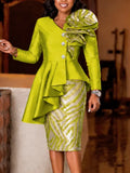 New arrivalfashion church style dresssuit elegance jacquard patchwork satin v neckasymmetricalrufflestwo-piece set