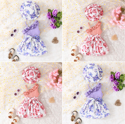 summer new arrival: baby girl pink floral print dress + hat two-piece set
