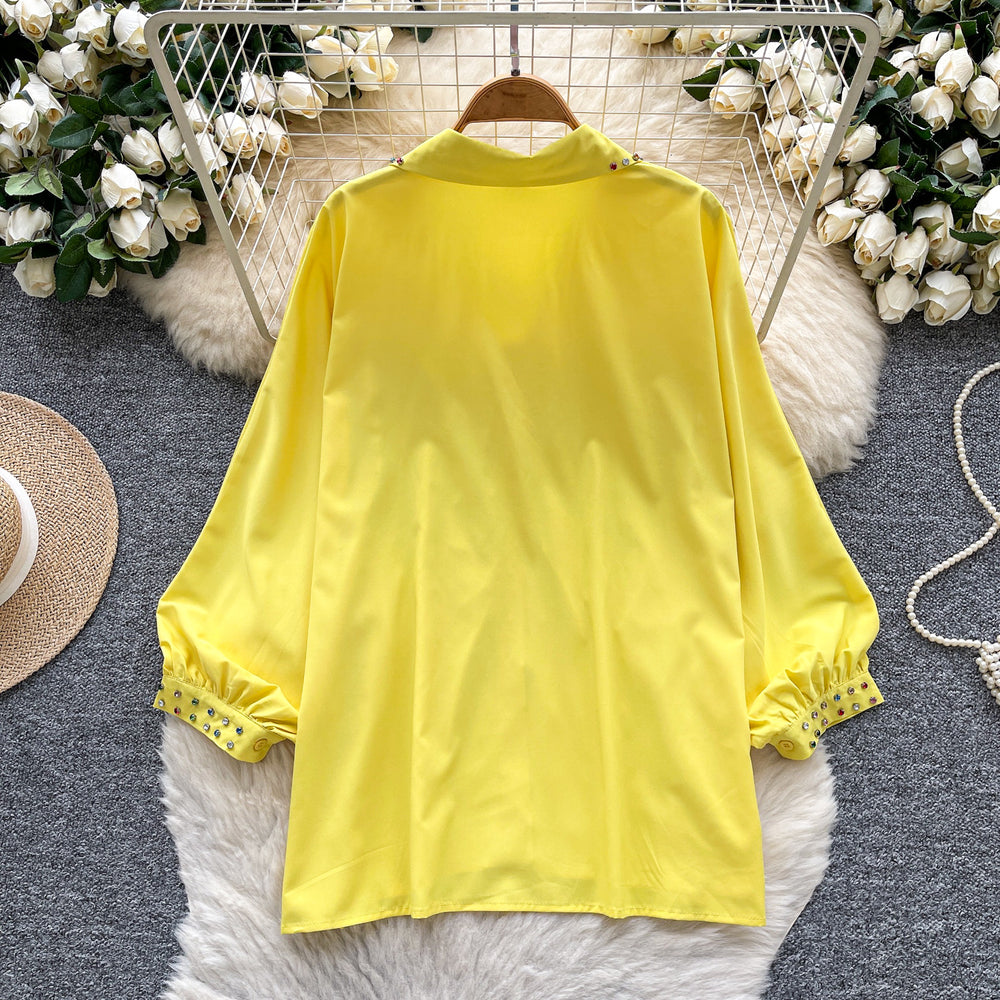 European and american style high-end lantern sleeve blouse - women's autumn heavy embellishment sequin & rhinestone loose fit design - executive lady top
