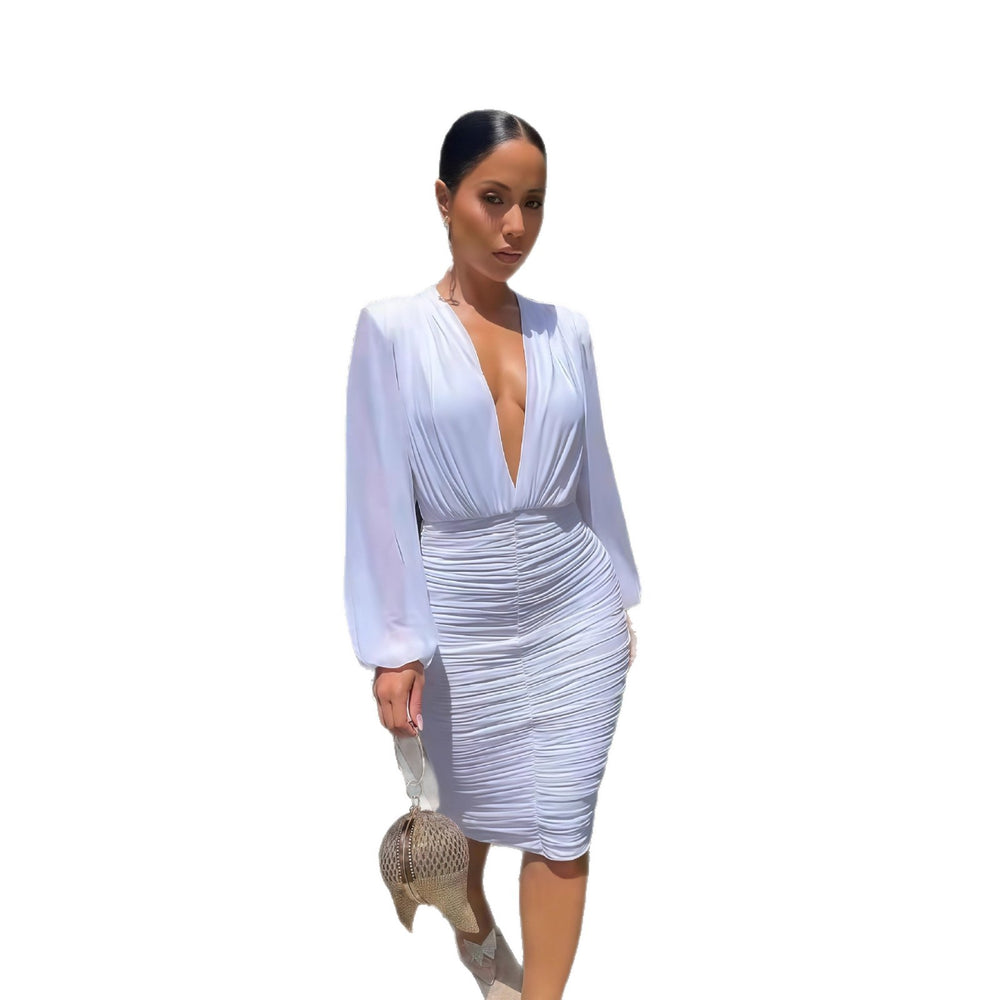 European and american cross-border women's fashion:  autumn new arrival - solid color long sleeve deep v-neck cinched waist ruched slim fit maxi dress