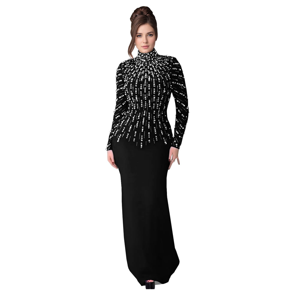 C7379 cross-border   fashion women's elegant long-sleeve beaded and rhinestone arm-covering dress