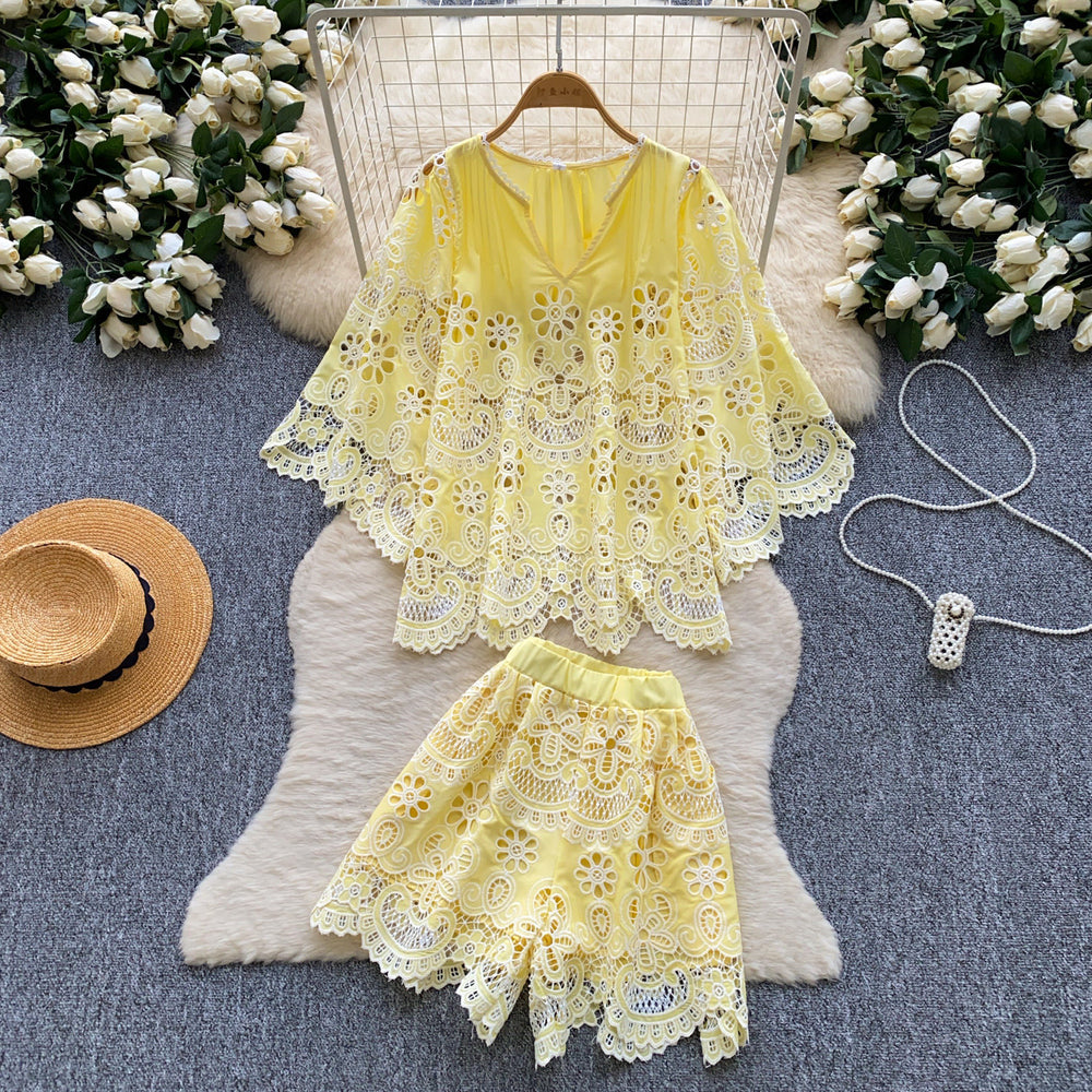 Frenchretrocut outlaceeleganttwo-piece set women's summercut outlazyslimming lookhigh waistsuitwork clothing style
