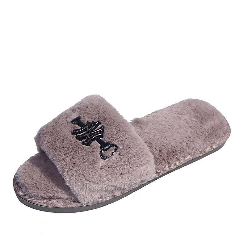 2024 new metal buckle fuzzy slippers women's autumn/winter home indoor flat warm cotton slippers