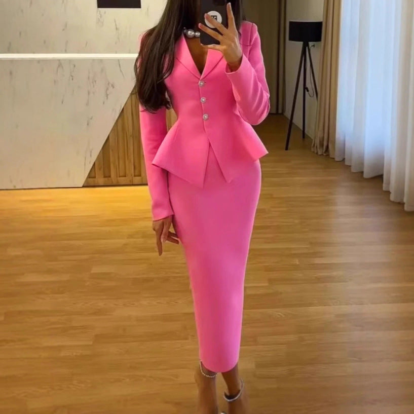 Fashionelegance suit suit deep v lapel slim tops matching hip cover skirt two-piece set