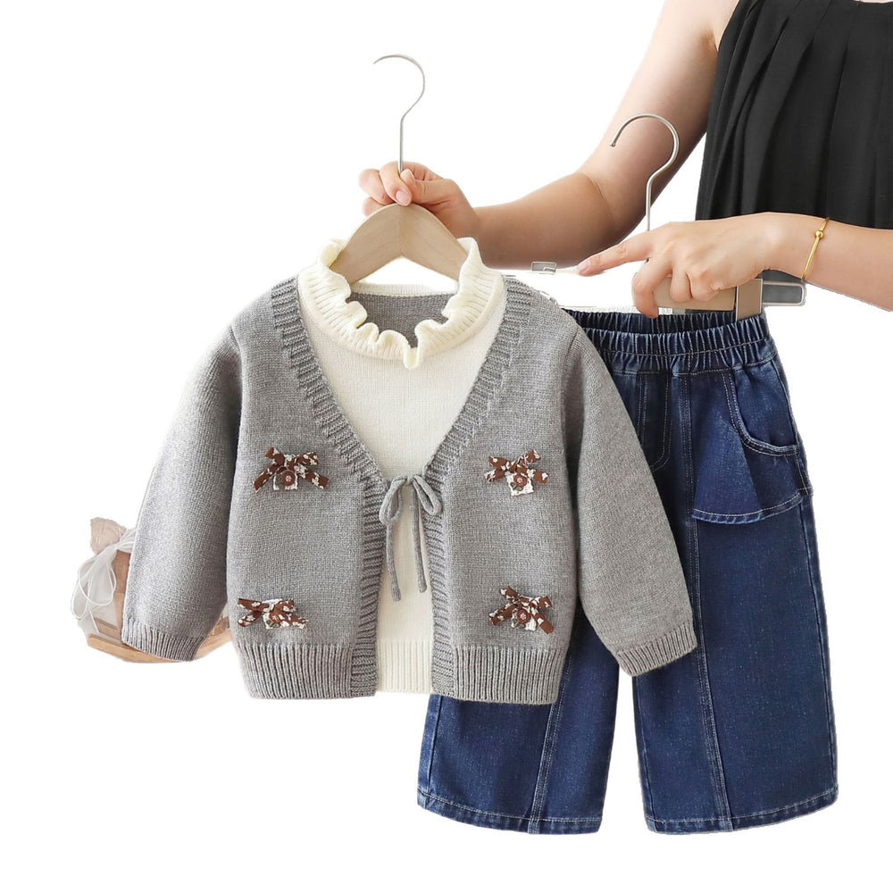 Girls' casual outfit set -  autumn/winter knitted 3d bow sweater jacket & stylish denim jeans two-piece set
