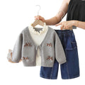 Girls' casual outfit set, autumn/winter : knitted sweater jacket with 3d bow detail, stylish two-piece set for little girls