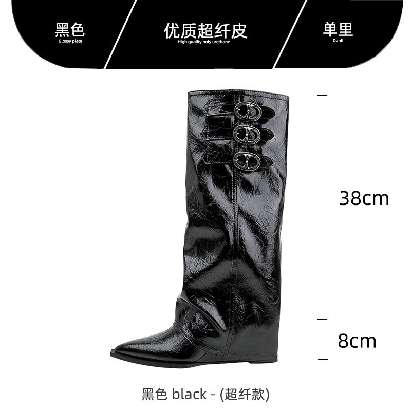 Petites heightened knight boots women's boots winter wedge suede pointed toe long boots khaki color pile boots