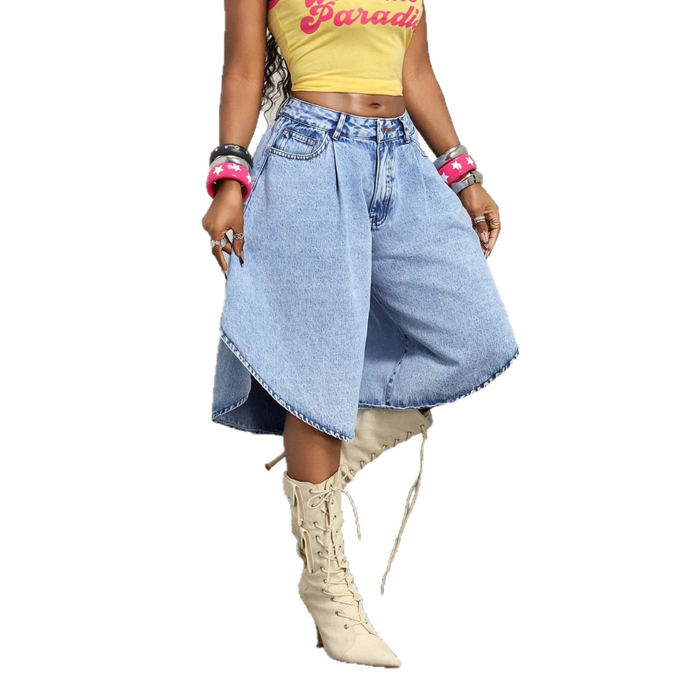 European and american jeans women's light blue washed high waist pleated asymmetrical raw edge wide leg cropped jeans cross-border loose