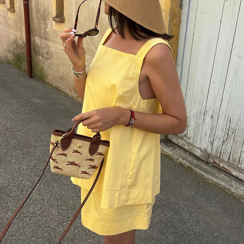 european and american export women's clothing: new summer casual fashion solid color camisole tie-back backless mini skirt set