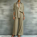 Exportplus size relaxation work clothing set retro gray linen shirt elastic waist side strips wide leg pants two-piece set