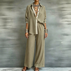 Exportplus size relaxation work clothing set retro gray linen shirt elastic waist side strips wide leg pants two-piece set